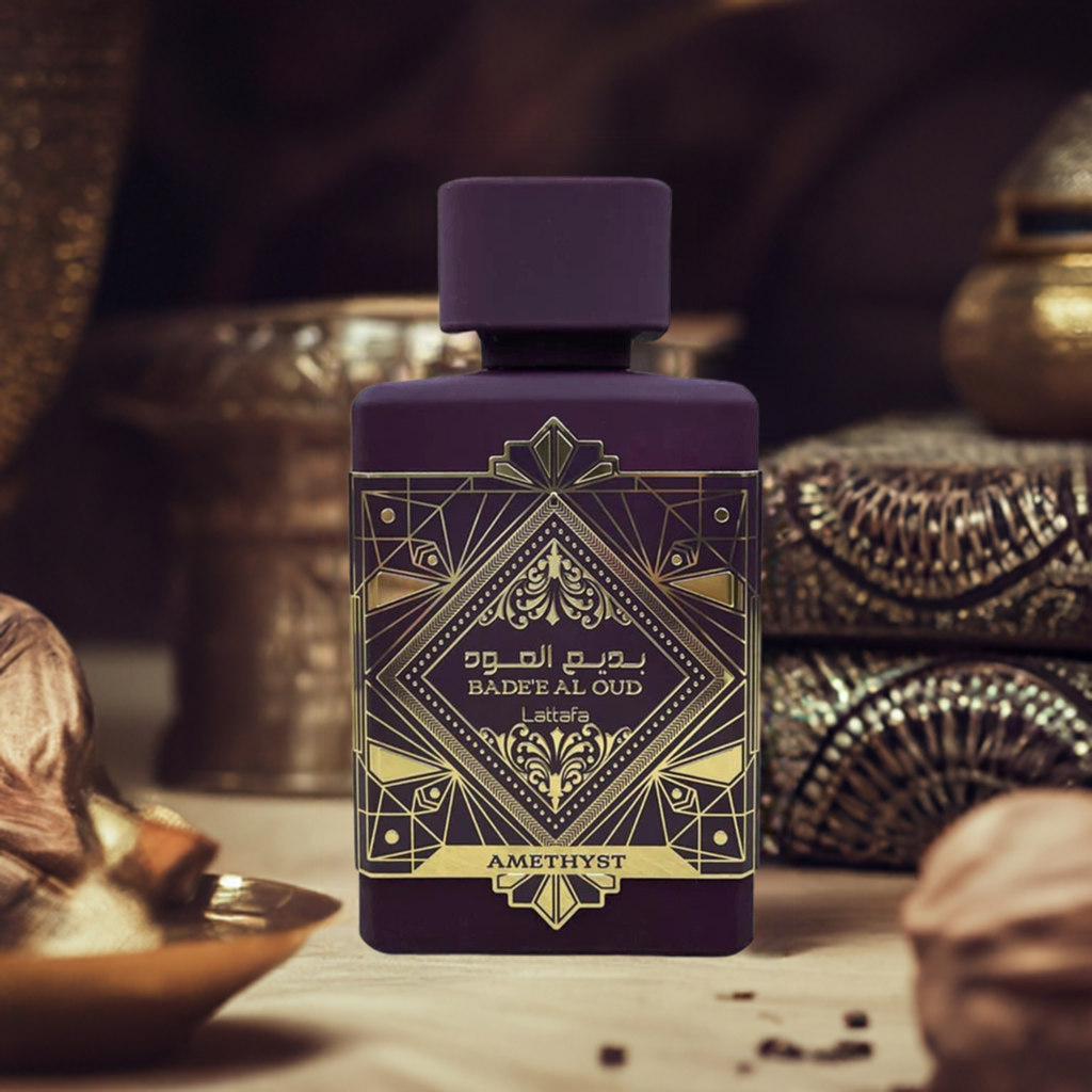 Lattafa Badee Al Oud Amethyst 100ml – Elegant oriental perfume with rich oud and floral notes.