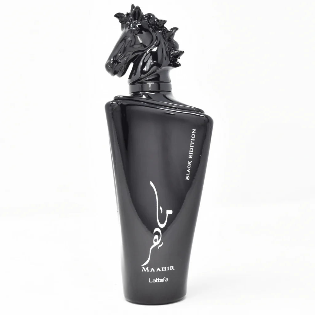 Lattafa Maahir Black Edition 100ml – Luxurious unisex perfume with deep, woody, and oriental notes.